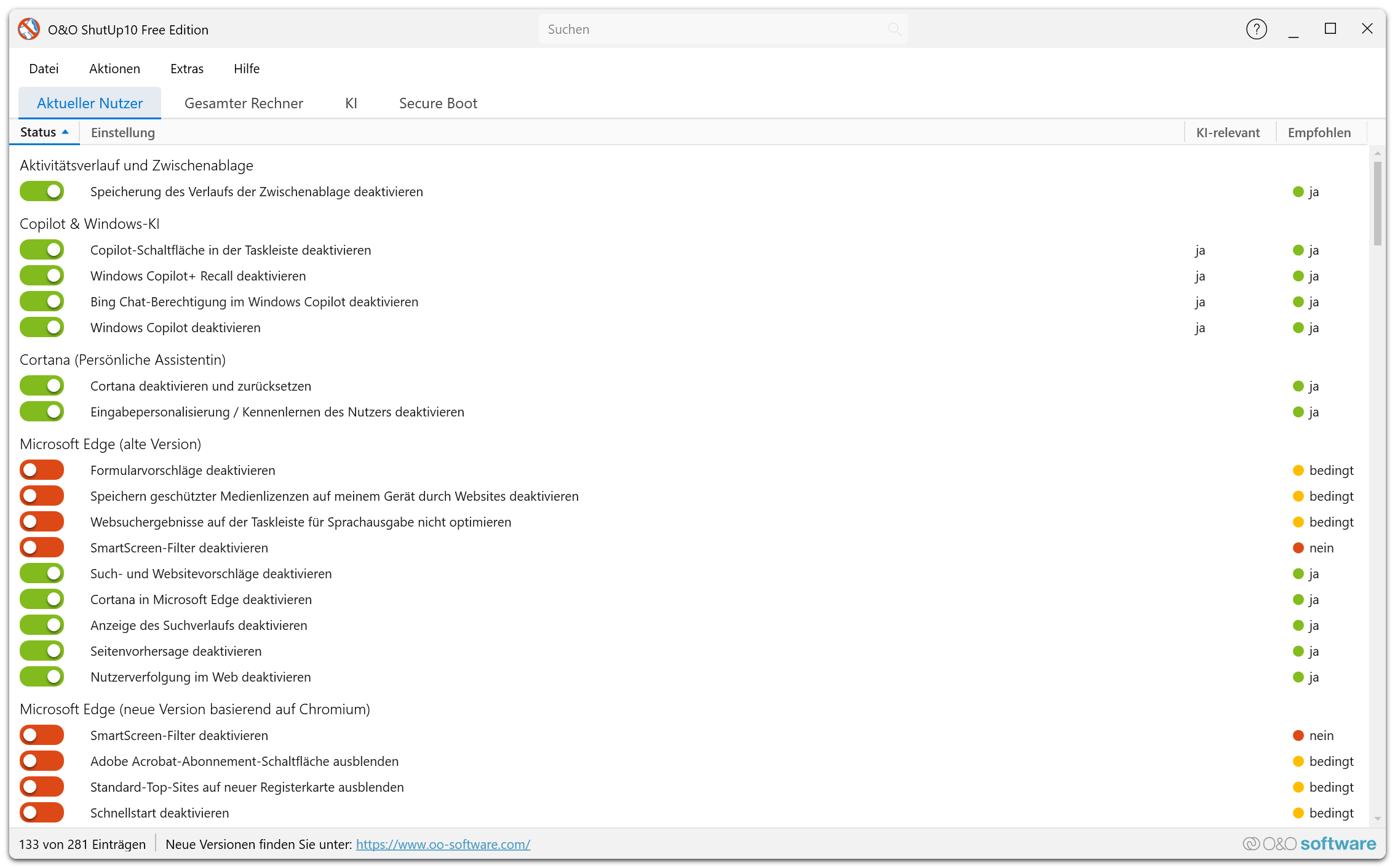 O&O ShutUp10 Free Edition — Hauptfenster mit Datenschutzeinstellungsliste und Empfehlungsstufen