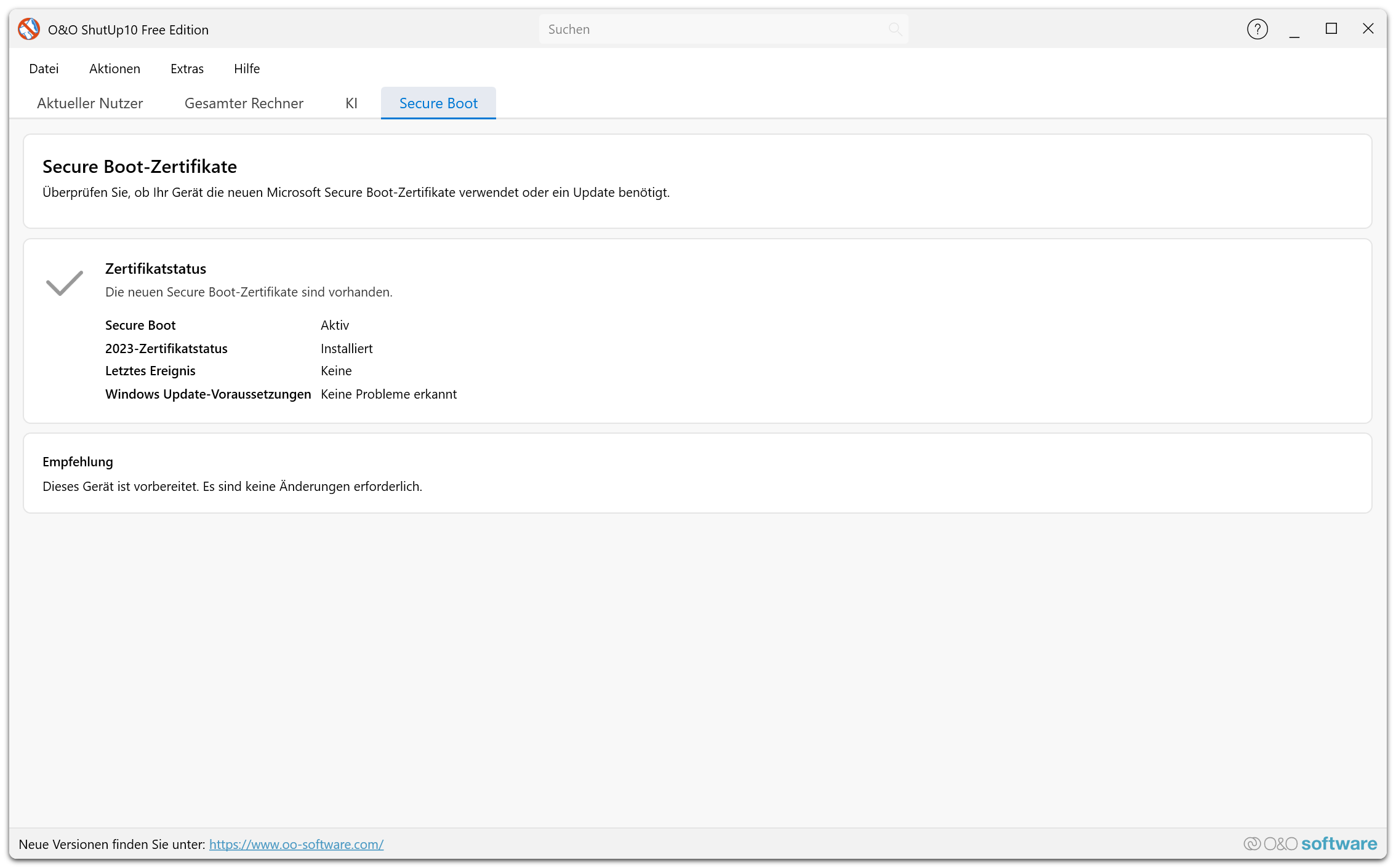 Free Edition — Secure Boot-Registerkarte mit Zertifikatstatus, Secure Boot-Status und Update-Empfehlung