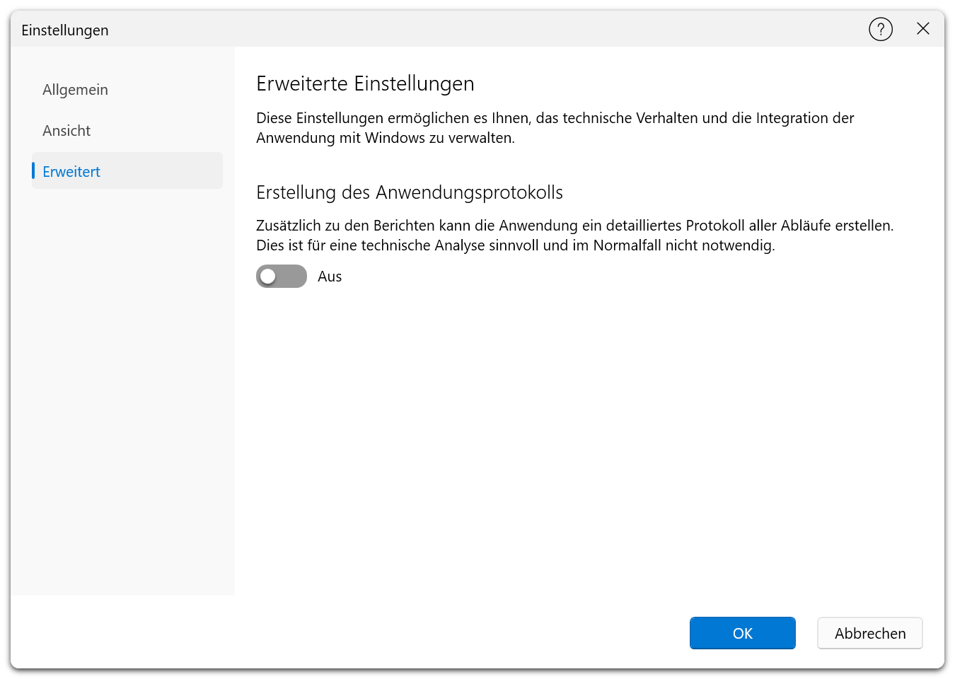 Einstellungsdialog — Registerkarte „Erweitert" in der Free Edition mit Protokollierungsoption