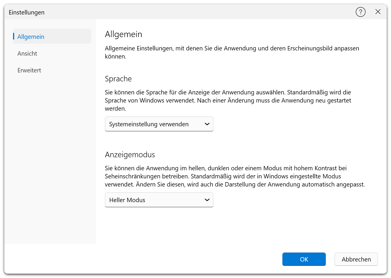 Einstellungsdialog — Registerkarte „Allgemein" in der Free Edition mit Sprachauswahl und Anzeigemodus-Optionen