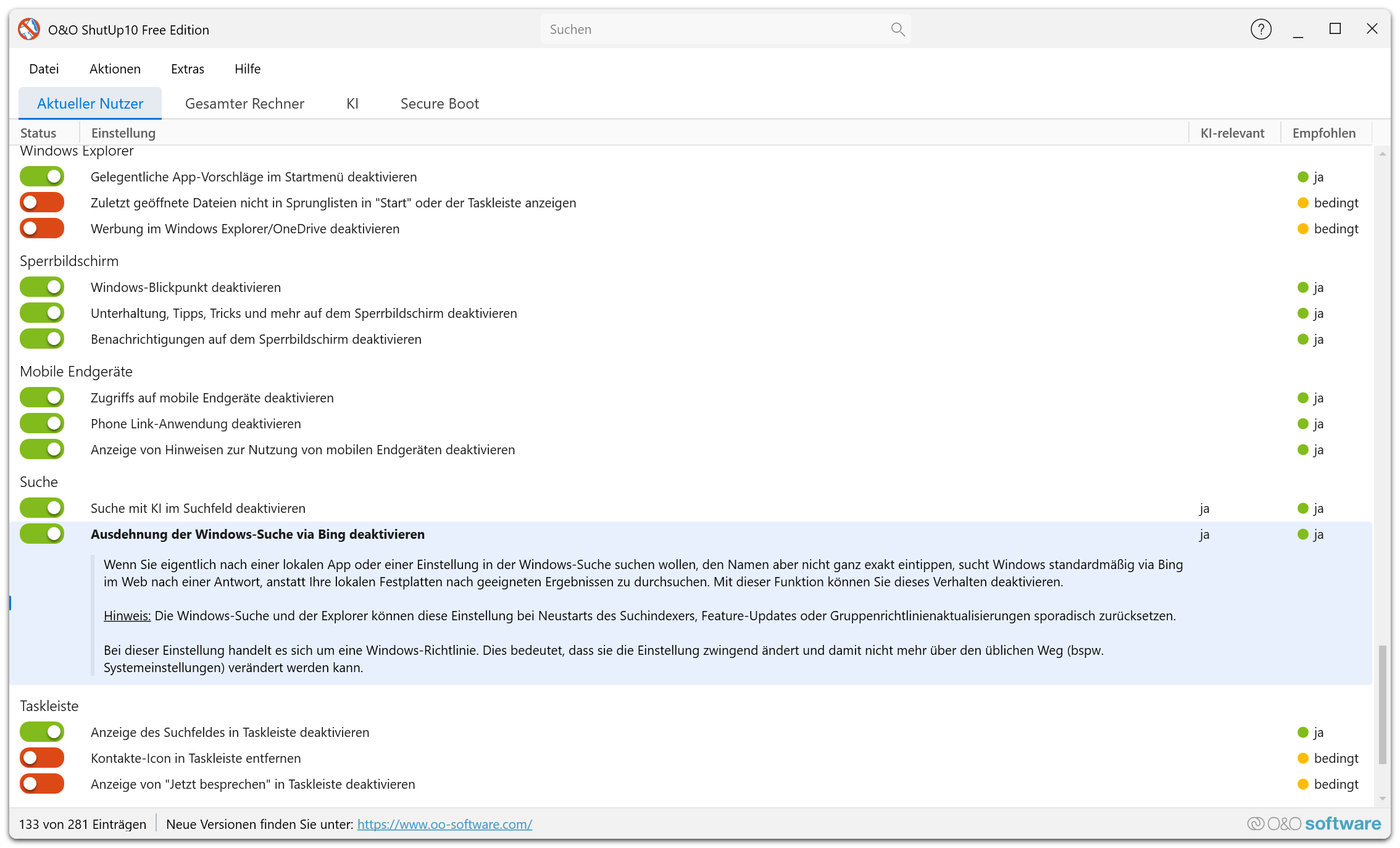 Free Edition — erweiterte Einstellungsdetails mit Beschreibungstext und Neustart-Hinweis für die ausgewählte Datenschutzeinstellung