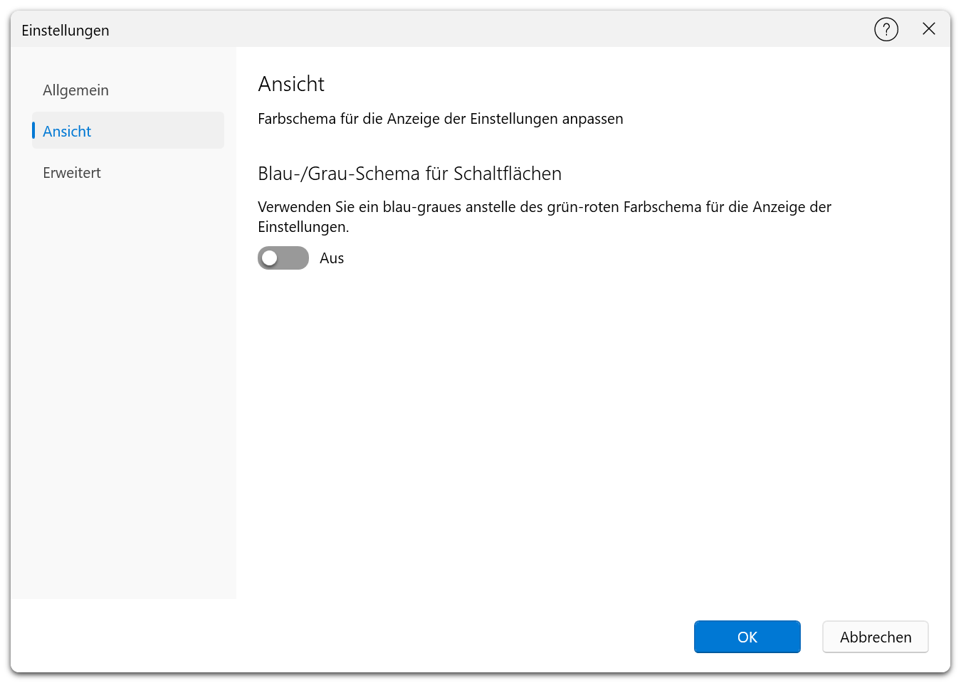 Einstellungsdialog — Registerkarte „Ansicht" in der Free Edition mit Blau/Grau-Umschaltknopf-Option