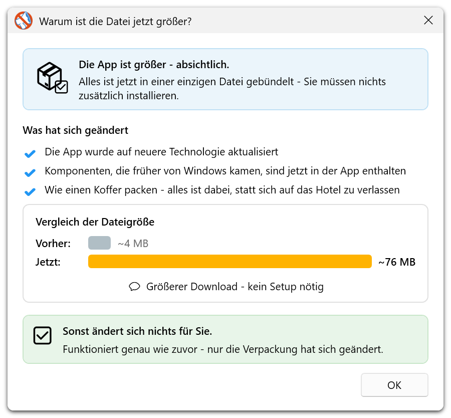 Warum ist die Datei jetzt größer? — Dialog erklärt, dass die App nun alle Abhängigkeiten in einer einzigen Datei bündelt (~76 MB statt ~4 MB zuvor) für Setup-freie Portabilität
