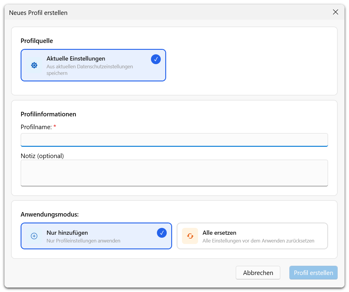 Dialog „Benutzerdefiniertes Profil speichern" zum Benennen und Beschreiben eines neuen Profils vor dem Export