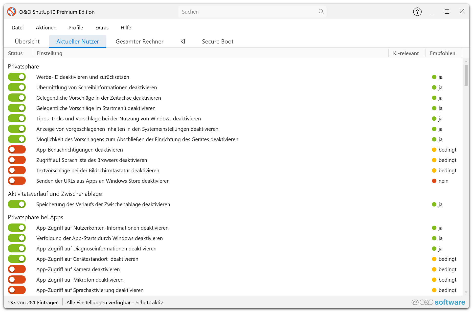 Einstellungsdialog — Autostart-Registerkarte zeigt die Starteinstellungen für den aktuellen Benutzer und alle Benutzer im Premium-Client
