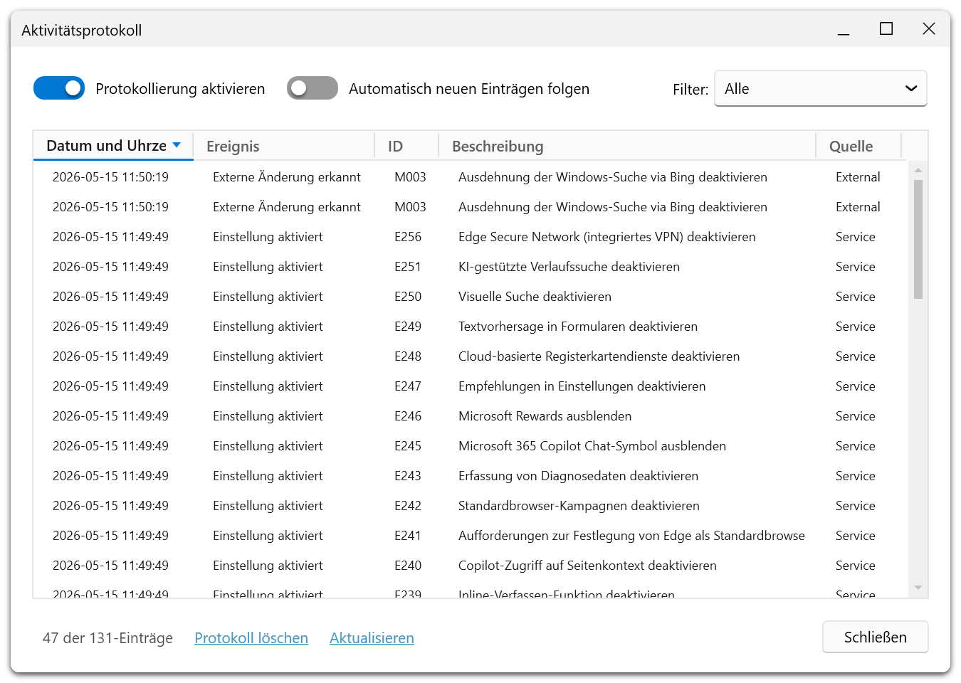 Anwendungsprotokoll zeigt automatische Neuanwendung von Datenschutzeinstellungen nach Erkennung eines Windows-Updates