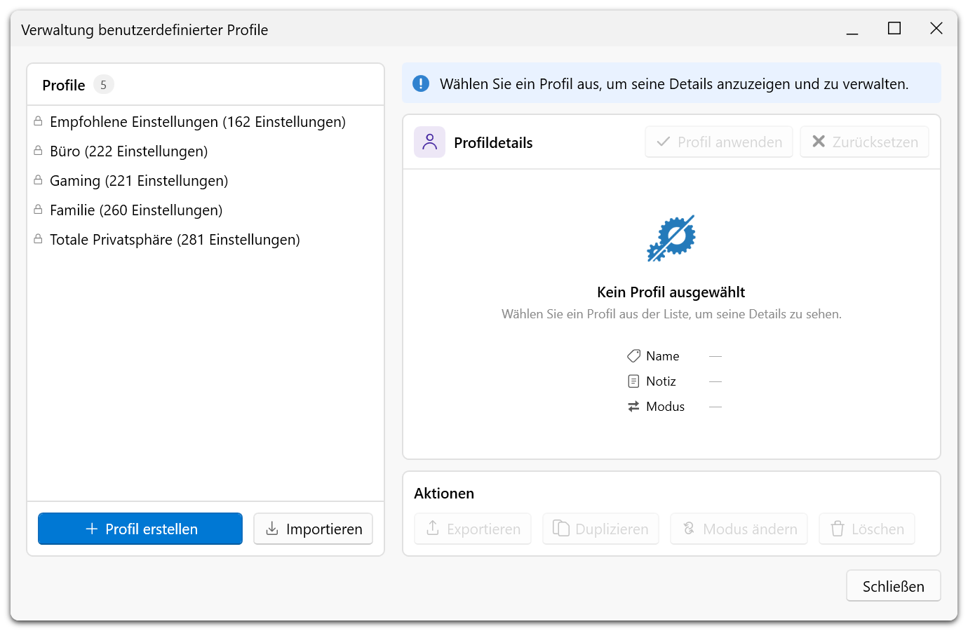 Dialog „Benutzerdefinierte Profile verwalten" mit gespeicherten Profilen und Optionen zum Anwenden, Umbenennen, Bearbeiten und Löschen von Konfigurationen