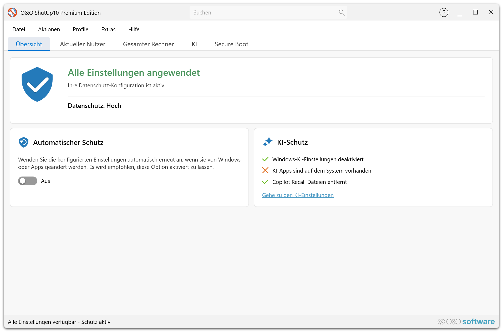 O&O ShutUp10 Premium Edition Dashboard mit aktivem Schutzstatus und Service-Verbindung