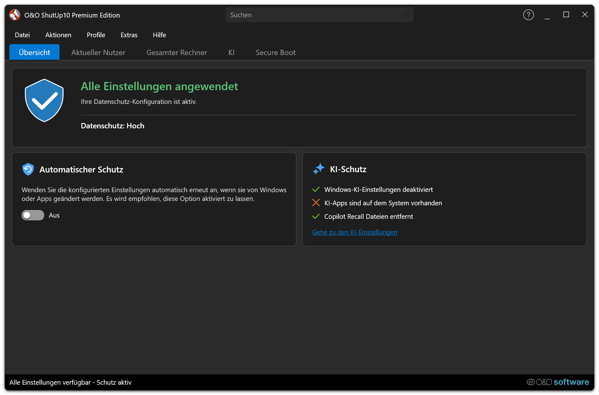 Premium-Übersicht zeigt alle angewendeten Einstellungen mit aktivem automatischem Schutz — Bestätigung, dass die Datenschutzkonfiguration vollständig durchgesetzt wird