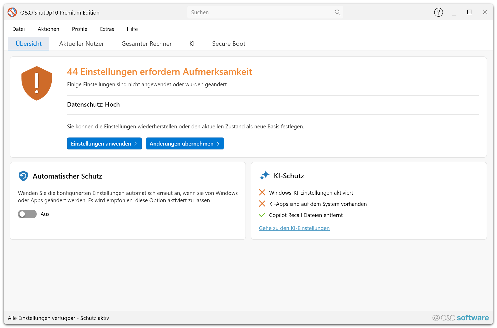 Premium-Übersicht im Übersichtsmodus — Dashboard mit Schutzstatus, Dienstgesundheit, aktivem Profil und Einstellungen, die Aufmerksamkeit erfordern
