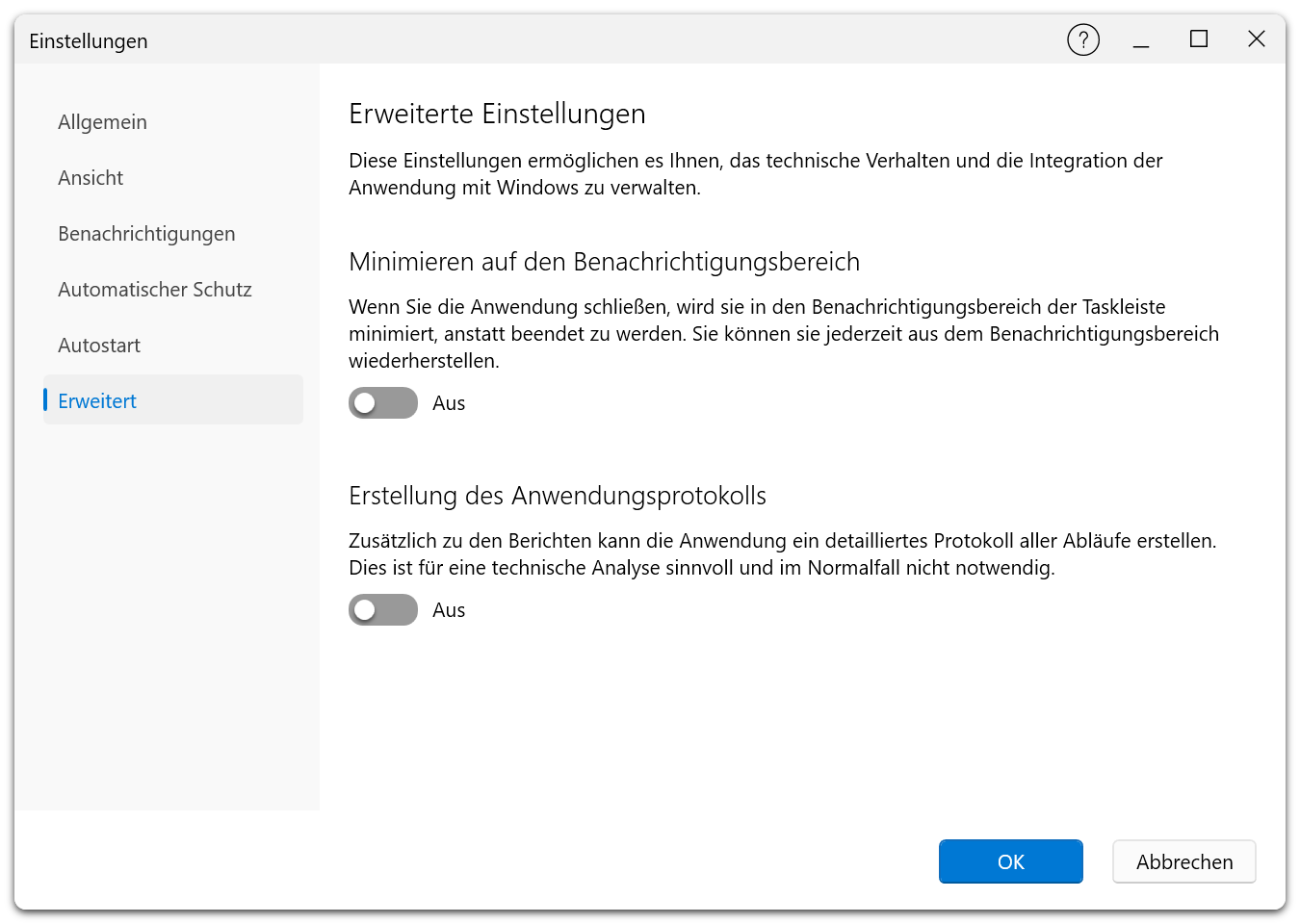 Einstellungsdialog — Registerkarte „Erweitert" in der Premium Edition mit Optionen für Minimierung in Benachrichtigungsbereich, Protokollierung und Update-Überprüfung