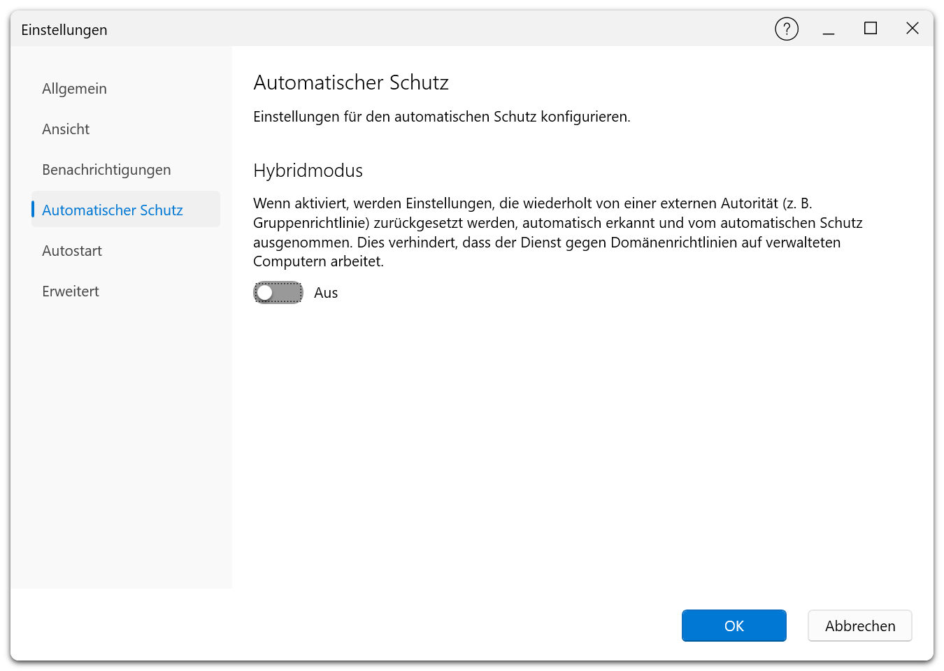 Einstellungsdialog — Registerkarte „Automatischer Schutz" mit Hybrid-Modus-Umschalter zum Ausschließen von gruppenrichtlinienverwalteten Einstellungen