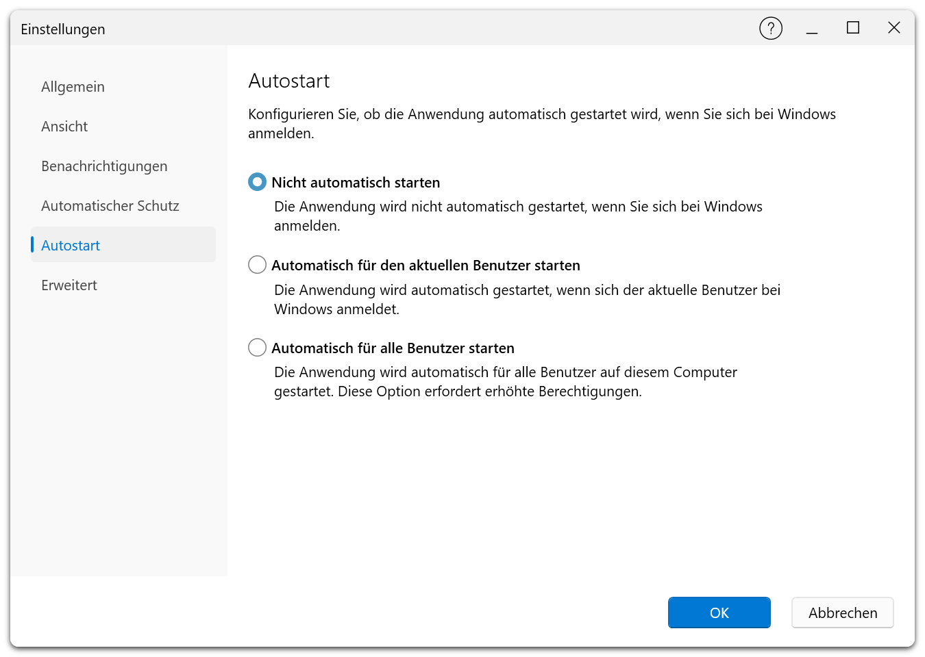 Einstellungsdialog — Registerkarte „Autostart" mit Optionen für automatischen Start: deaktiviert, nur aktueller Benutzer oder alle Benutzer