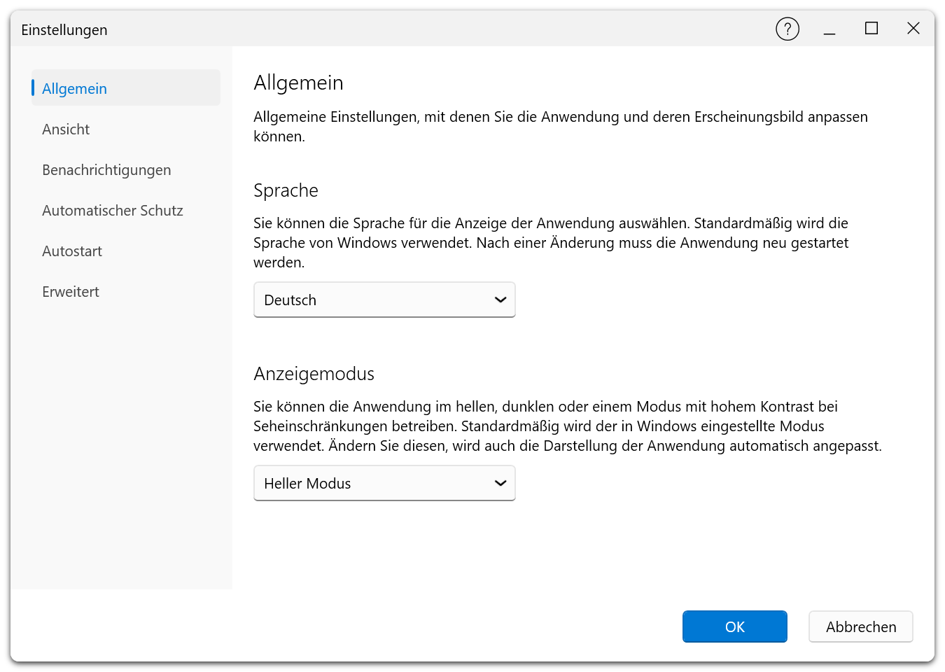Einstellungsdialog — Registerkarte „Allgemein" in der Premium Edition mit Sprachauswahl und App-Ansichtsmodus-Optionen