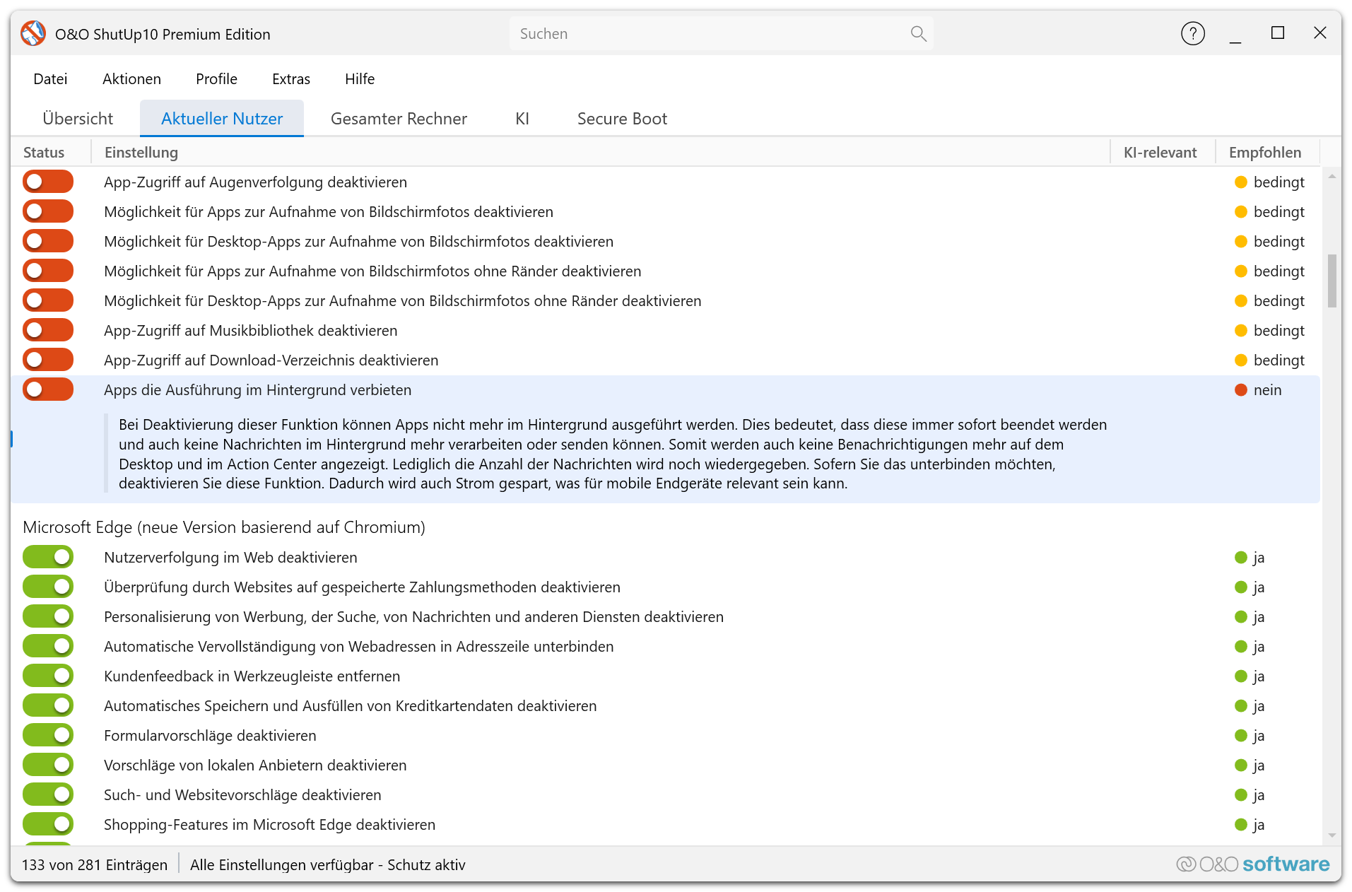 Einstellungsdialog — Registerkarte „Information" mit Anwendungsversion, Edition und Produktdetails