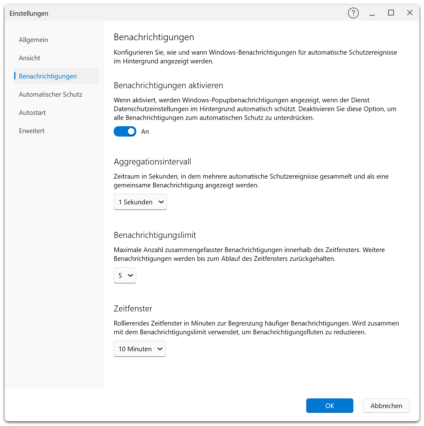 Einstellungsdialog — Registerkarte „Benachrichtigungen" mit Benachrichtigungsaktivierung, Aggregationsintervall und Unterdrückungseinstellungen
