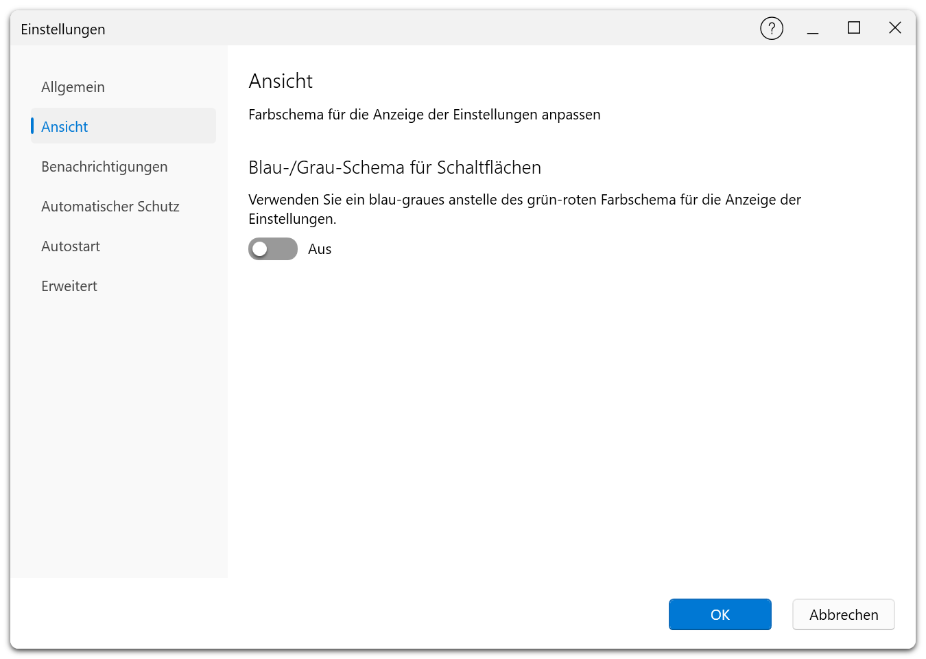 Einstellungsdialog — Registerkarte „Ansicht" in der Premium Edition mit Farbschema-Optionen für Umschaltknöpfe (Grün/Rot vs. Blau/Grau)