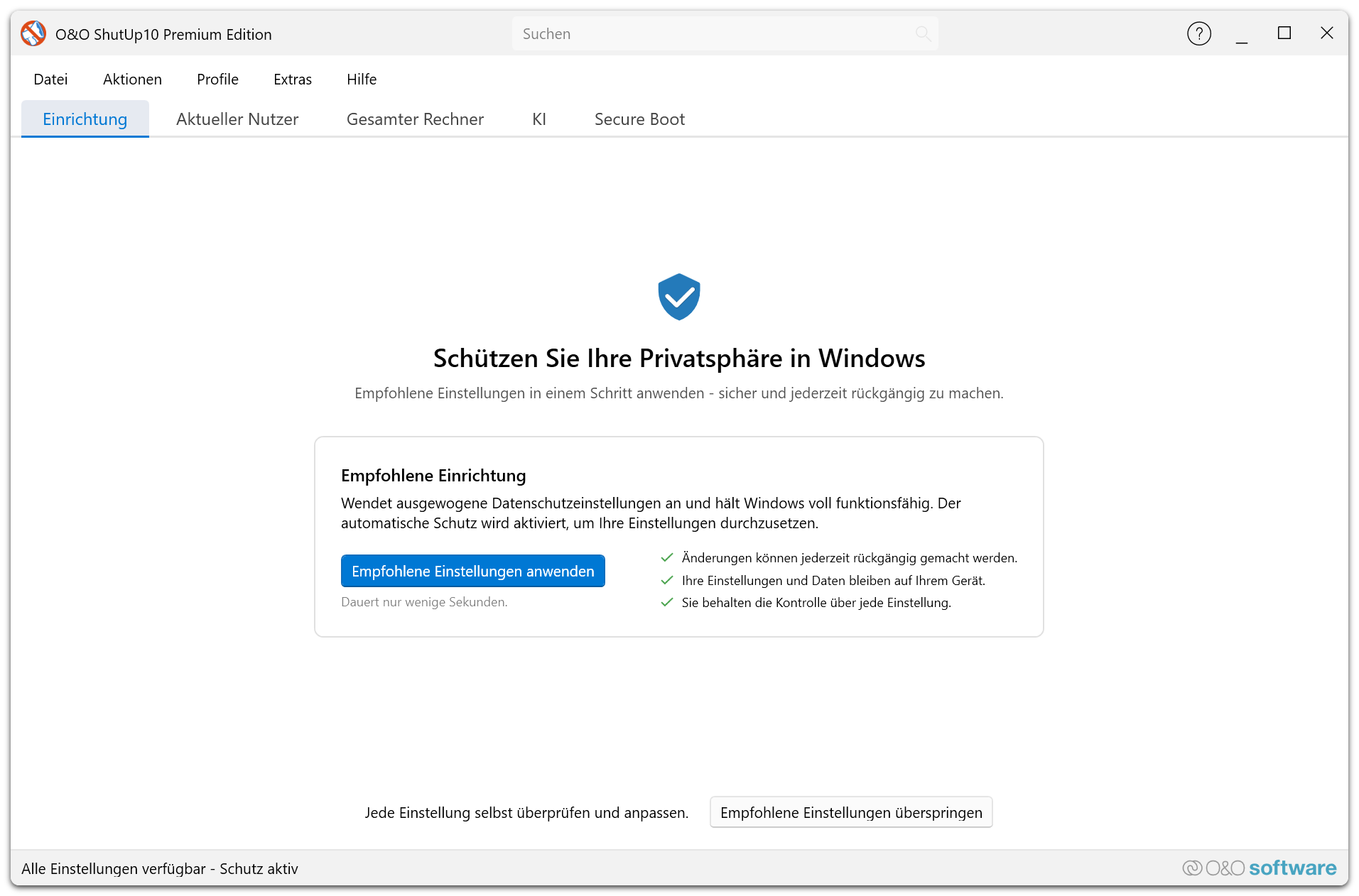 Premium Edition Setup-Modus — geführte Erstkonfiguration mit Dienstüberprüfung, Verbindungstest, Profilauswahl und ersten Anwendungsschritten