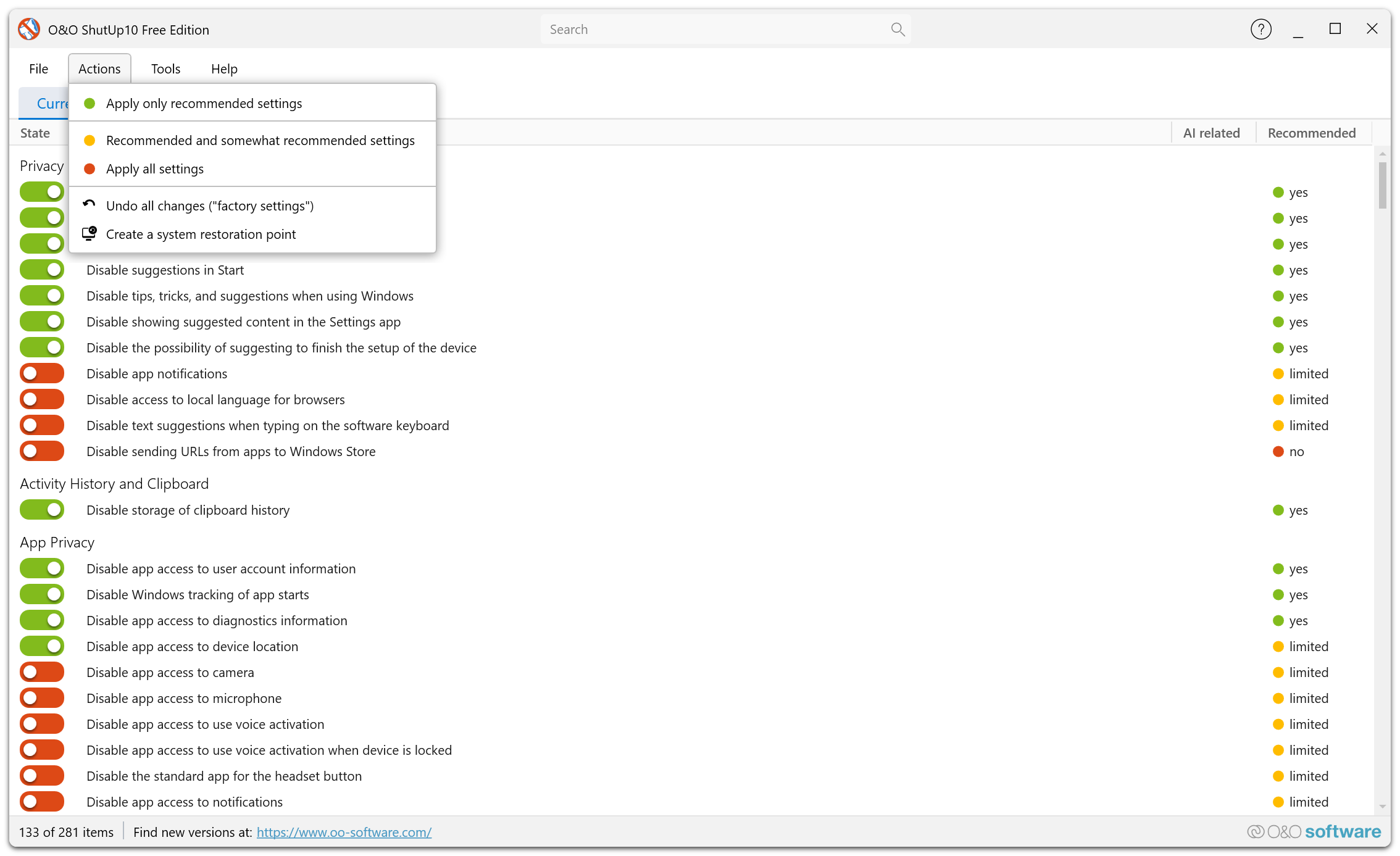 Free Edition Actions menu — apply recommended settings, apply all settings, undo changes, and create system restore points