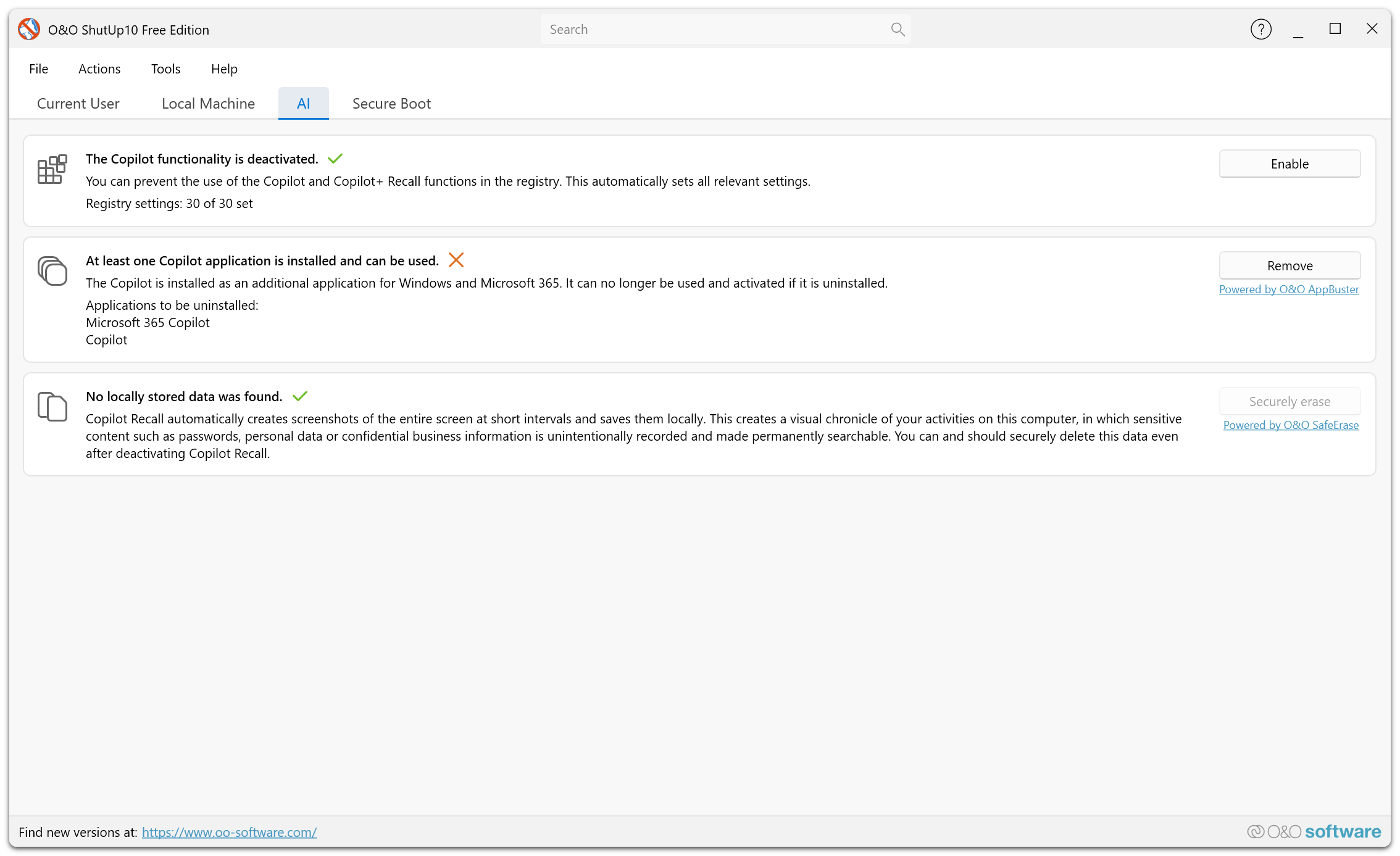Free Edition — AI tab showing Copilot deactivation status, application removal, and secure data deletion options