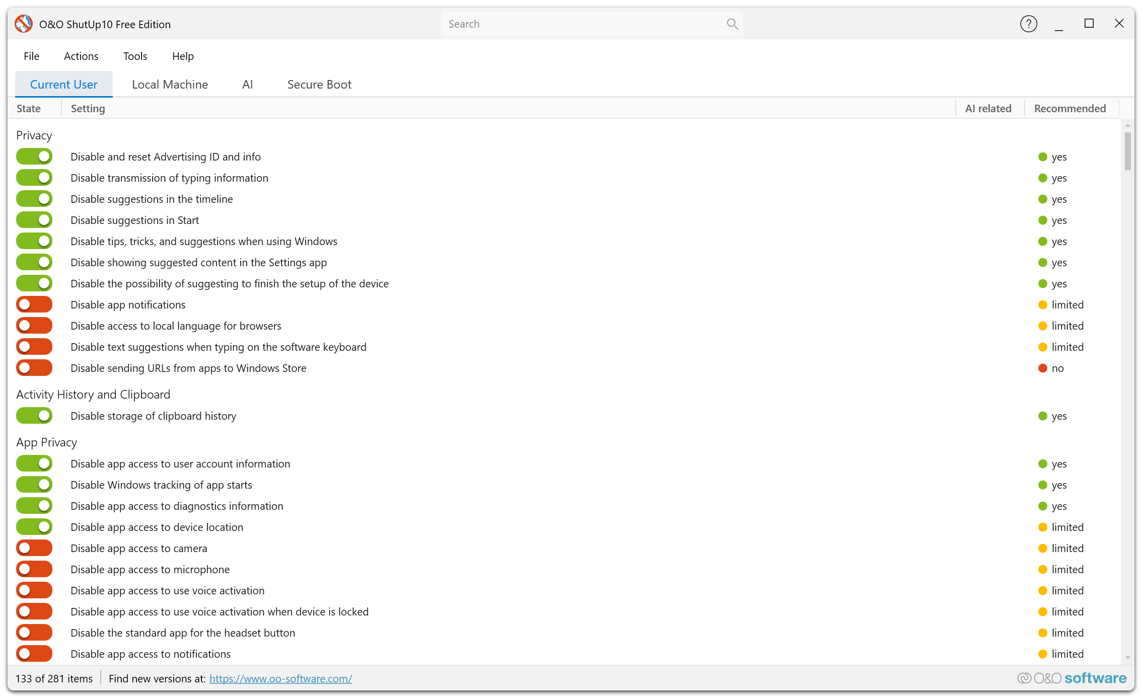 O&O ShutUp10 Free Edition β main window with privacy settings list and recommendation levels