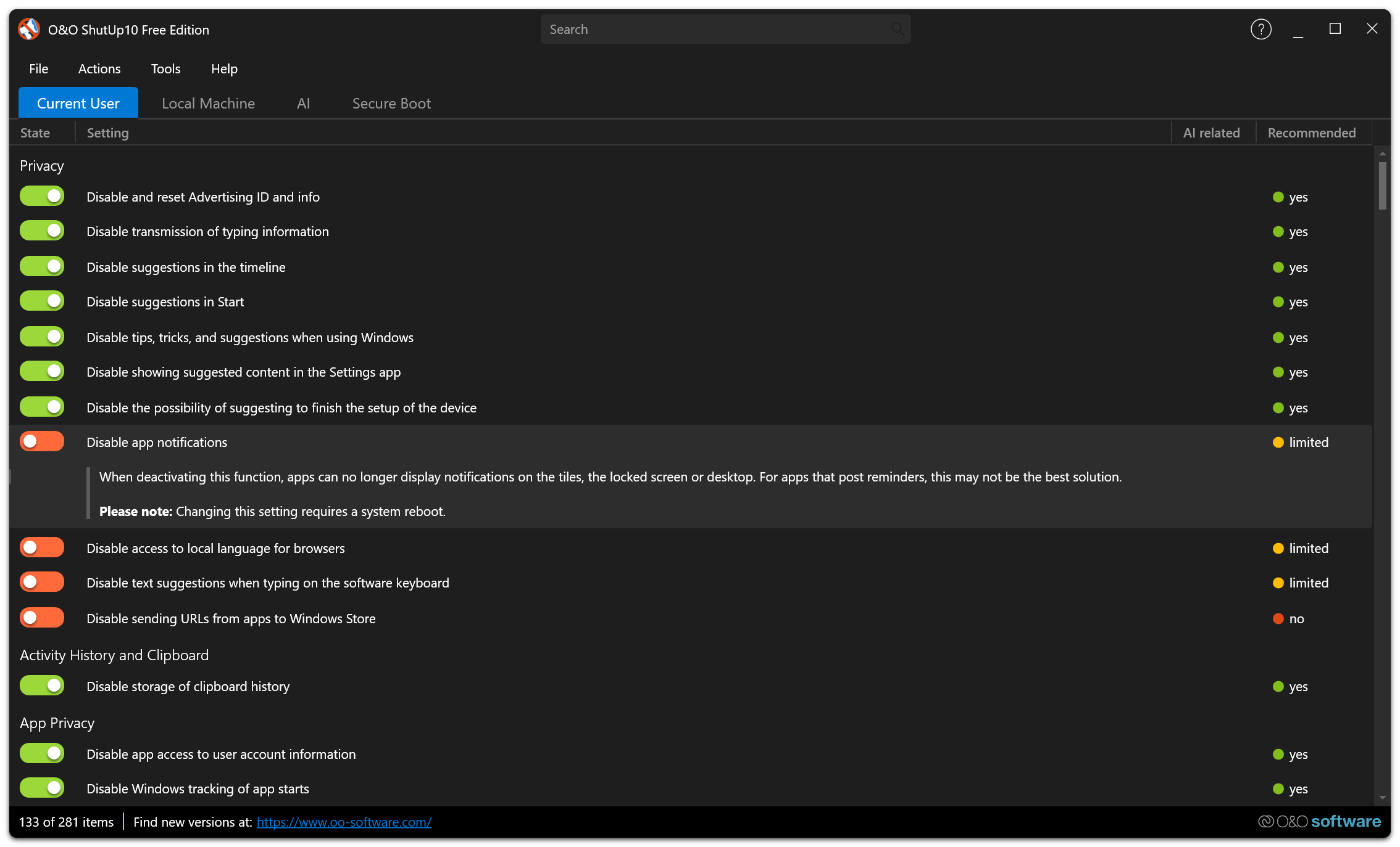 Free Edition in dark mode — Current User tab with expanded setting description showing detailed explanation and reboot notice