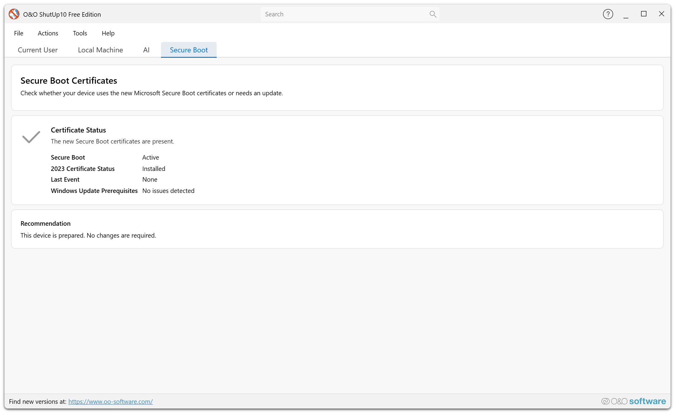 Free Edition — Secure Boot tab displaying certificate status, Secure Boot state, and update recommendation
