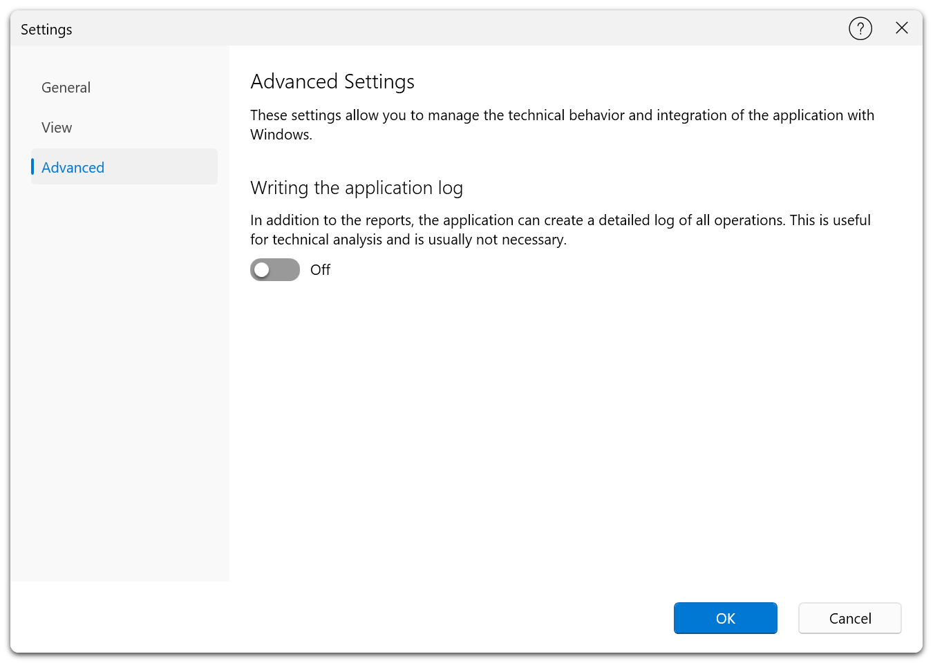Settings Dialog β Advanced tab in the Free Edition showing logging option