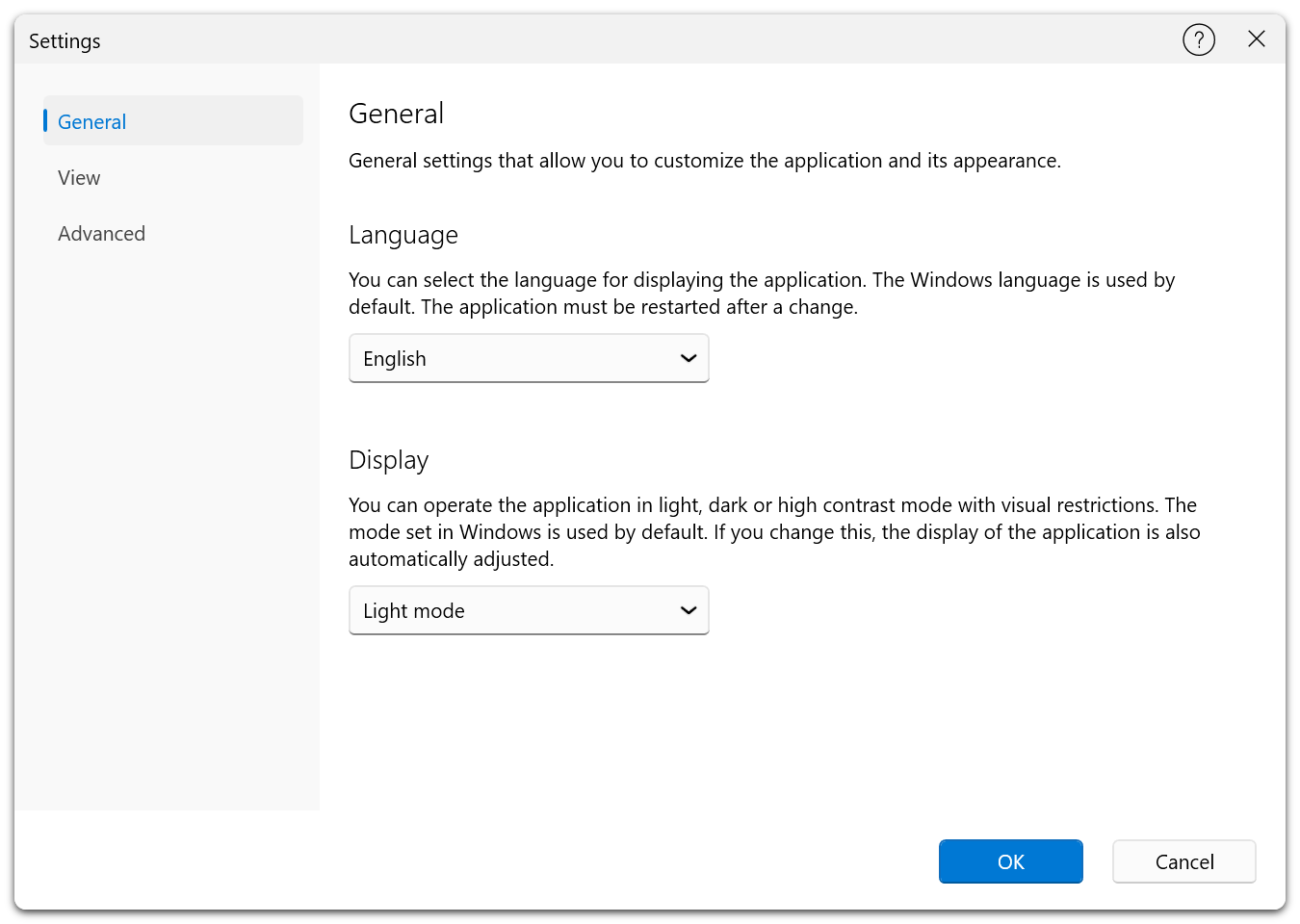 Settings Dialog β General tab in the Free Edition showing language selection and display mode options
