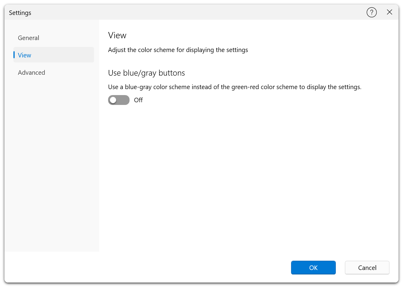 Settings Dialog β View tab in the Free Edition with blue/gray toggle button option