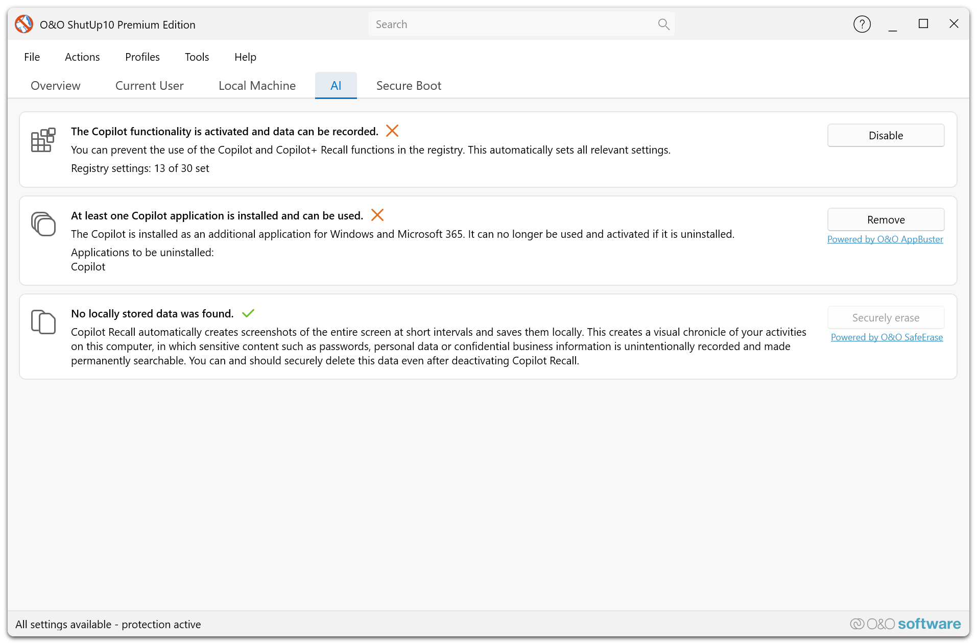 AI Removal tab in the Premium Edition β three-layer interface showing AI Settings controls, Copilot application removal, and secure deletion of Recall data