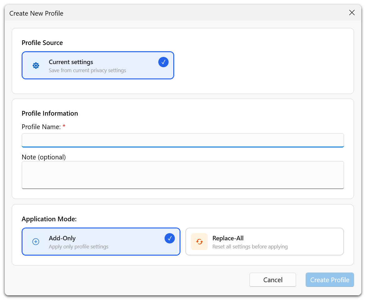 Save Custom Profile dialog allowing users to name and describe a new profile before export