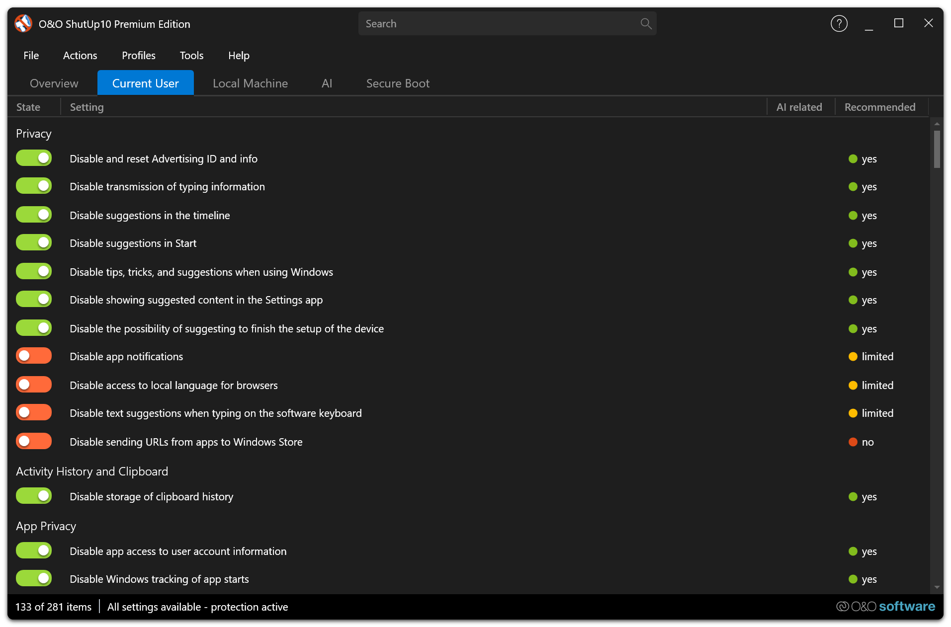 Application in dark mode β demonstrating the Dark app view mode with the current user autostart setting selected