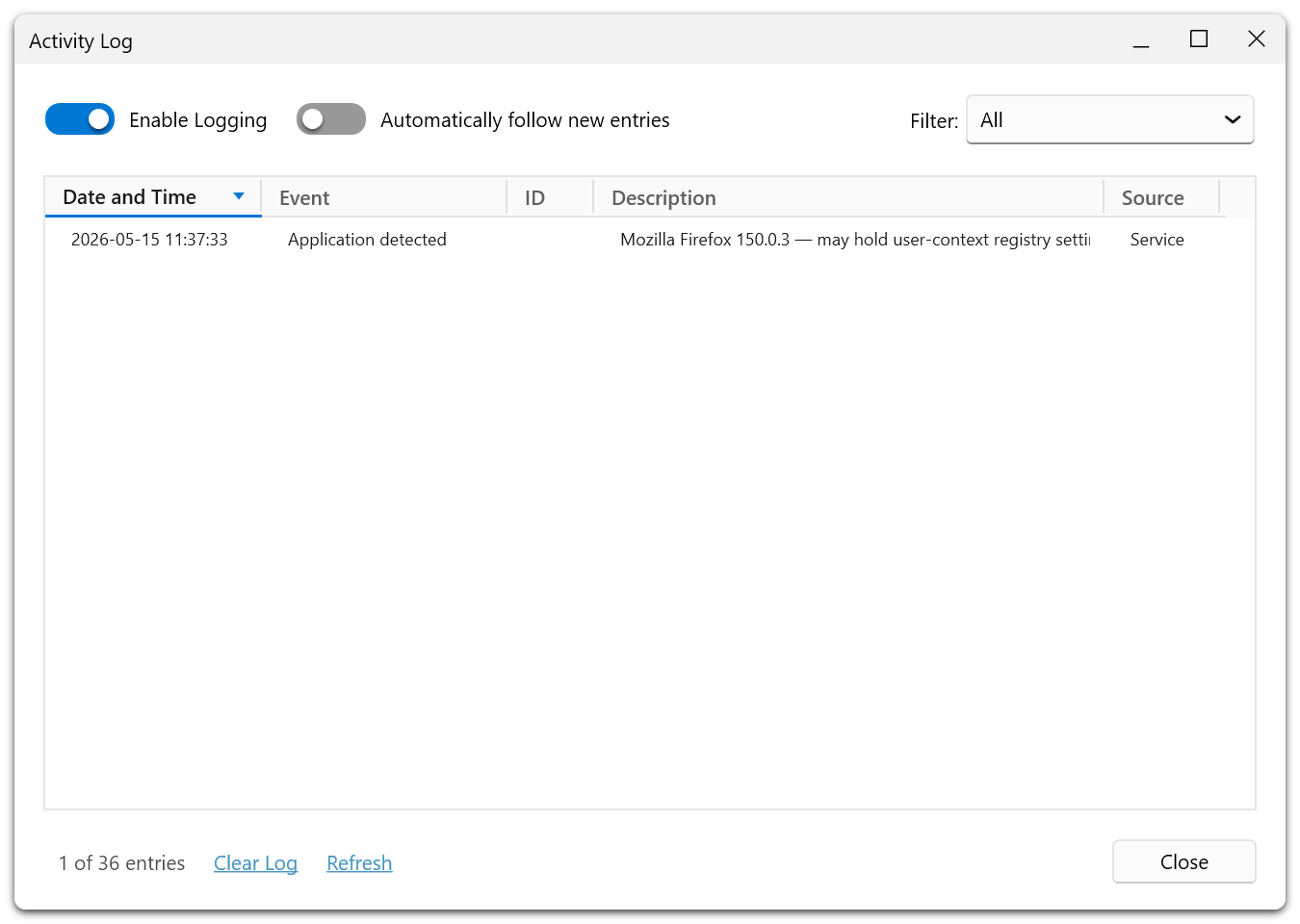 Application log showing automatic re-application of privacy settings after a Windows update detection