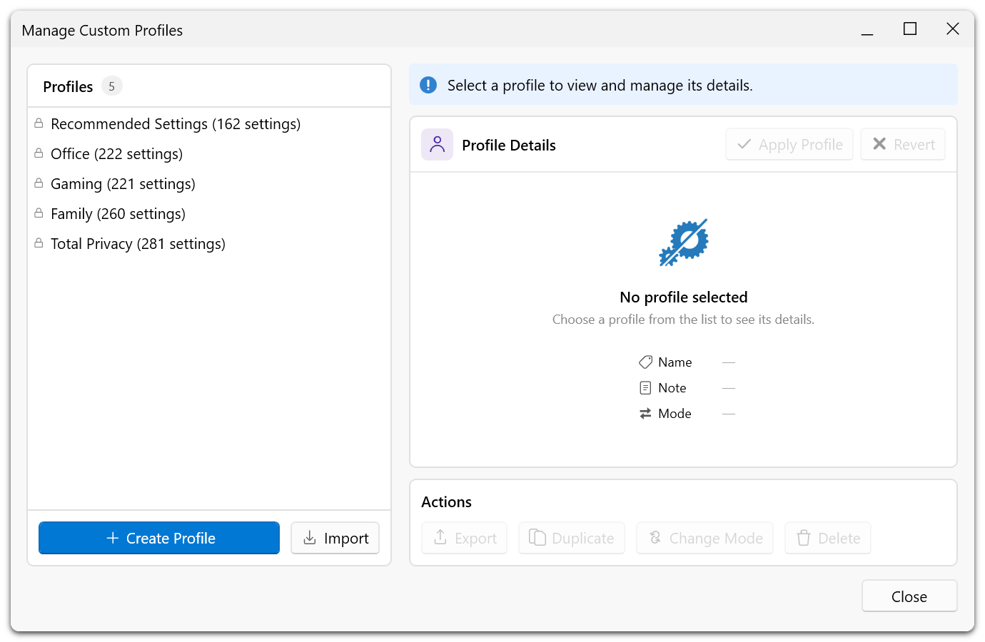 Manage Custom Profiles dialog showing saved profiles with options to apply, rename, edit, and delete configurations