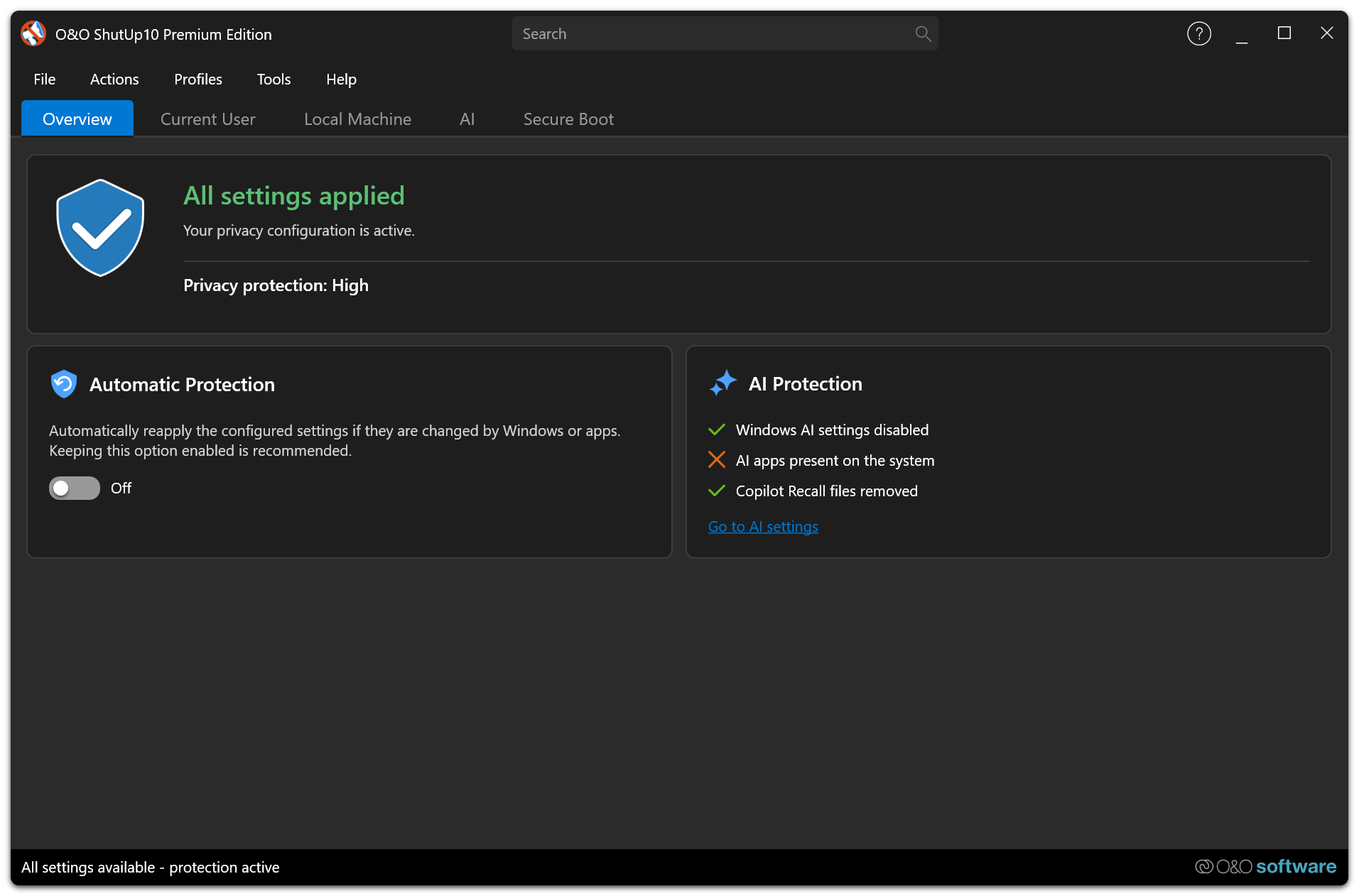 Premium Overview showing all settings applied with active automatic protection β confirmation that privacy configuration is fully enforced