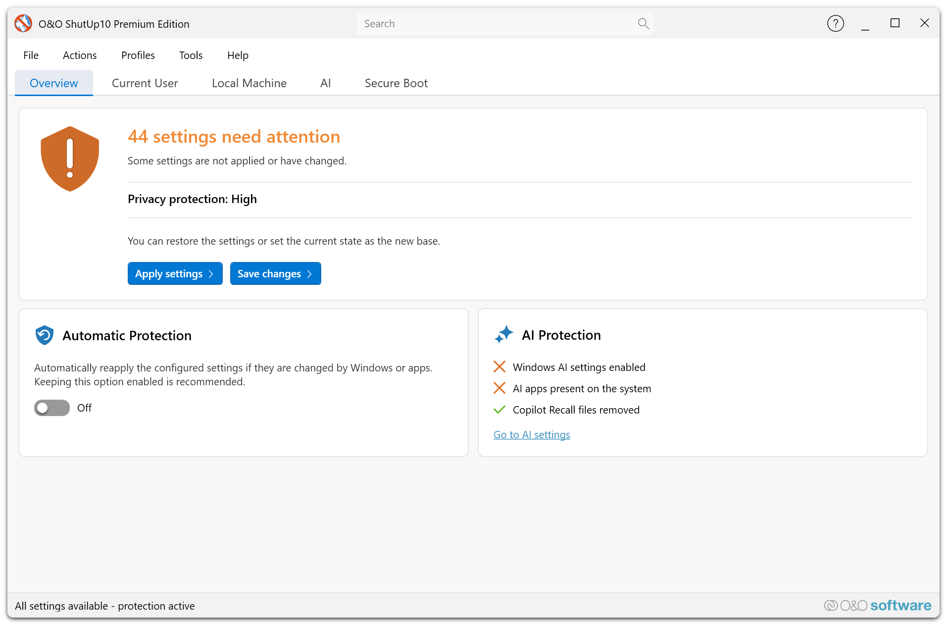 Premium Overview in Overview Mode β dashboard displaying protection status, service health, active profile, and settings requiring attention
