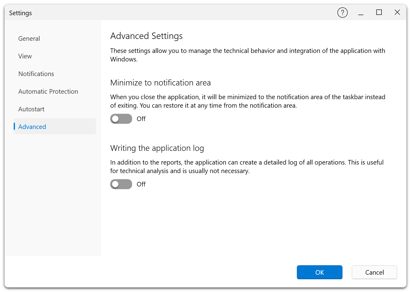 Settings Dialog β Advanced tab in the Premium Edition showing minimize to tray, logging, and update check options
