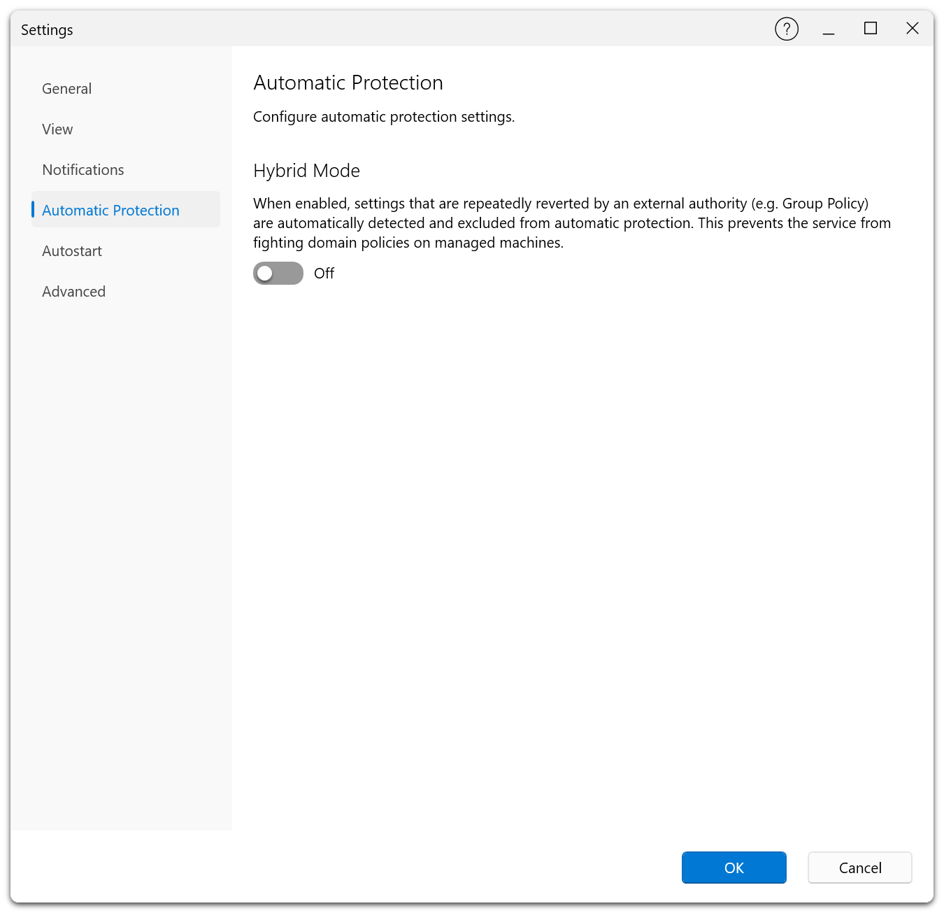 Settings Dialog β Automatic Protection tab with Hybrid Mode toggle for excluding Group Policy-managed settings
