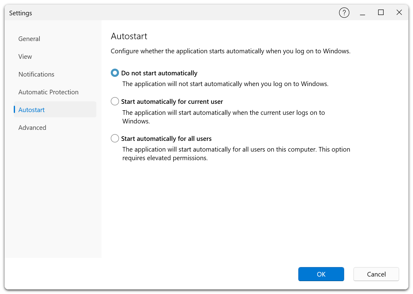 Settings Dialog β Autostart tab showing options for automatic startup: disabled, current user only, or all users