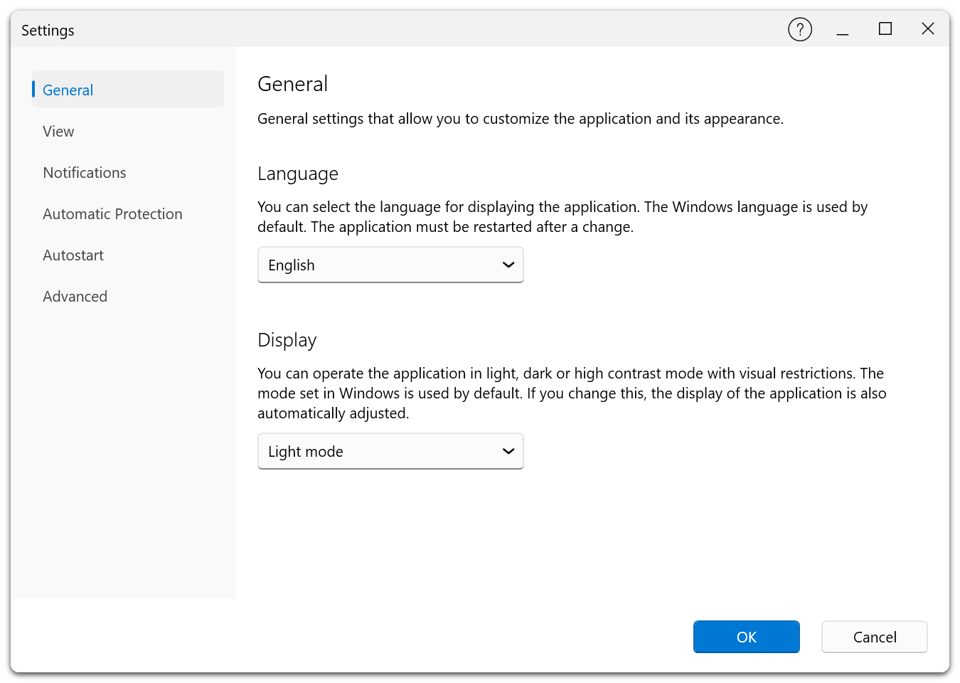 Settings Dialog β General tab in the Premium Edition showing language selection and app view mode options