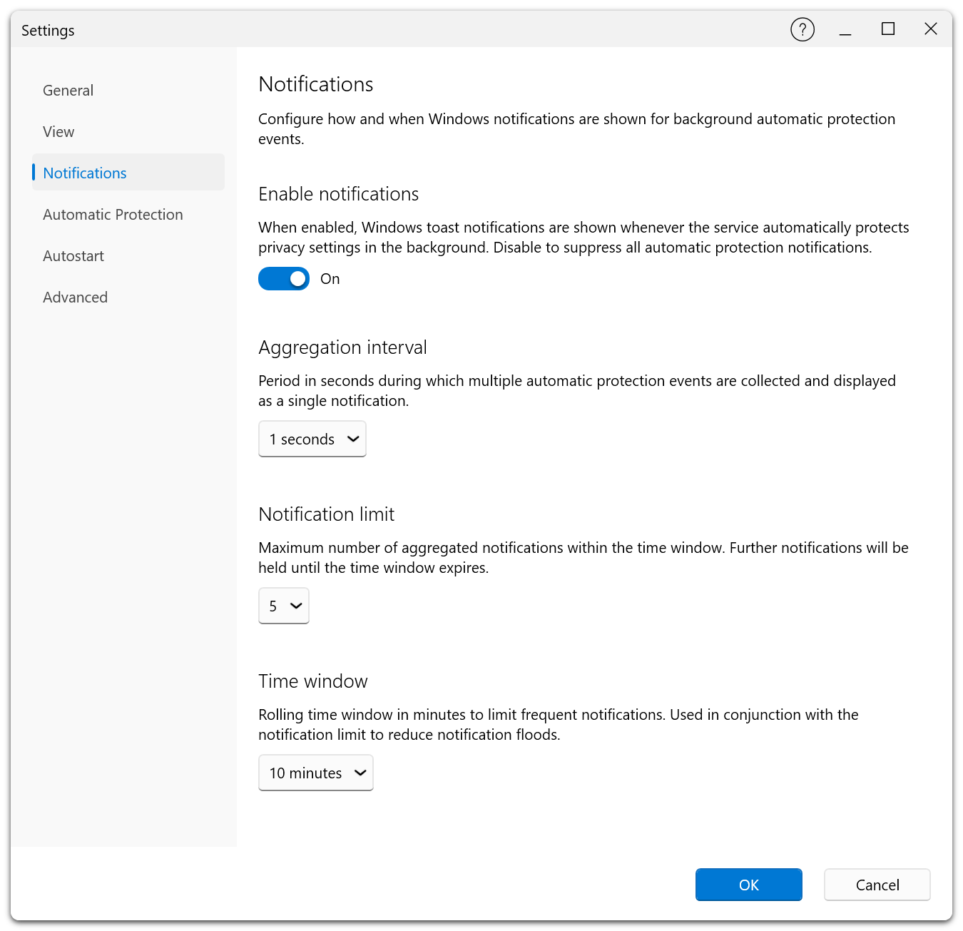 Settings Dialog β Notifications tab showing notification enable toggle, aggregation interval, and suppression settings