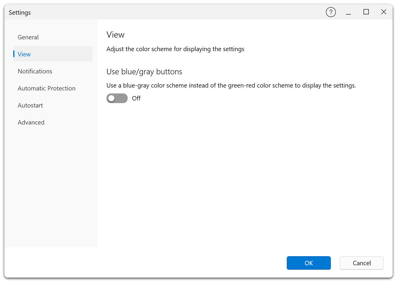 Settings Dialog β View tab in the Premium Edition with toggle button color scheme options (Green/Red vs Blue/Gray)