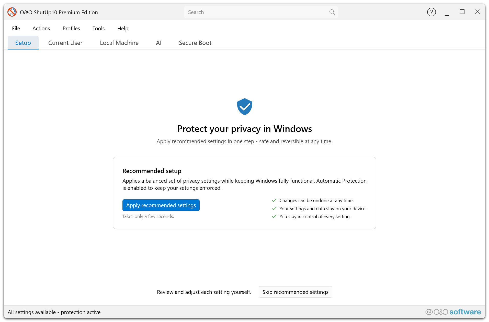 Premium Edition Setup Mode β guided initial configuration showing service verification, connection check, profile selection, and first application steps